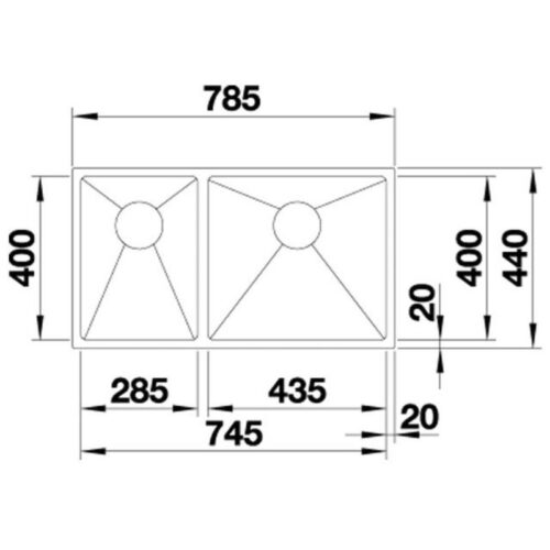 Kích thước chậu Hafele BLANCO INOX QUATRUS R15 285/435-IU 570.27.160