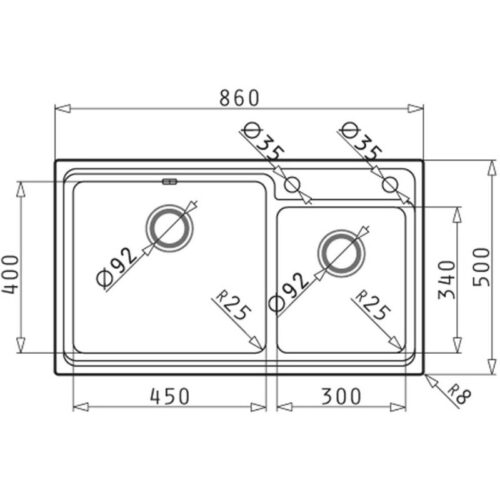 Kích thước chậu rửa bát inox BOSCH STUDIO (86X50) 2B