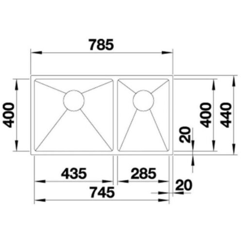 Kích thước chậu rửa chén bát inox Hafele Blanco – QUATRUS R15 435/285-IU 570.27.170