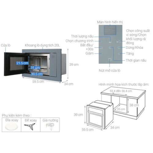 Kích thước lò vi sóng kết hợp nướng Hafele FMI120S2 536.34.192