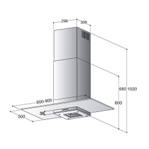 Kích thước máy hút khói khử mùi kính BONUCCI BIK18