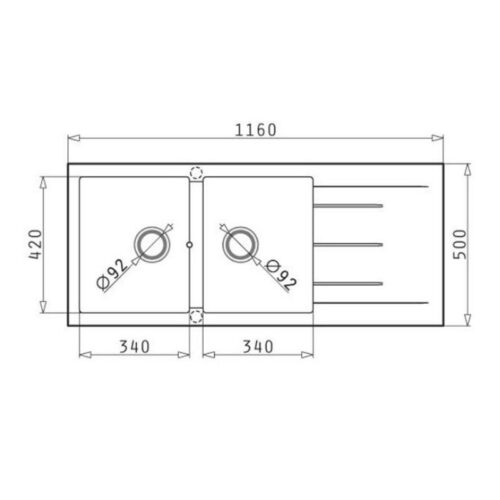 Kích thước chậu đá BOSCH PYRAGRANITE ALAZIA (116X50) 2B 1D