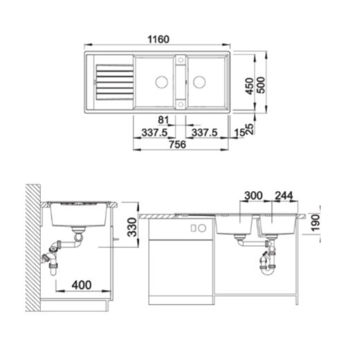 Kích thước chậu rửa chén bát Hafele 565.76.950