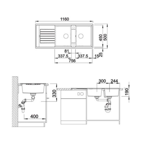 Kích thước chậu rửa chén bát Hafele Blancozia 8S màu đen 565.76.350
