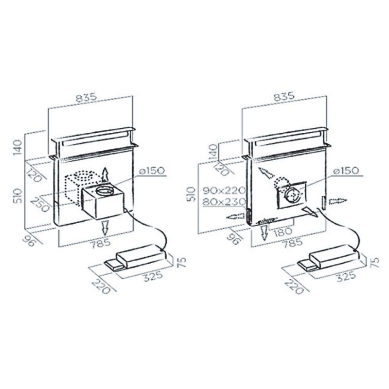 Kích thước máy hút mùi Elica PANDORA BL/F/90 Kích thước máy hút mùi Elica PANDORA BL/F/90