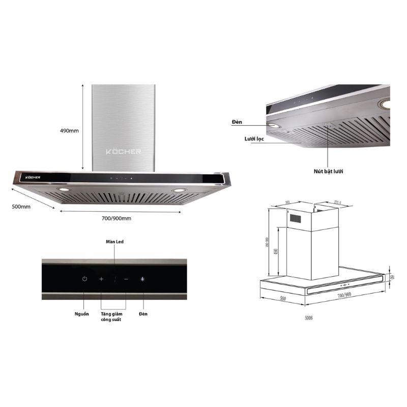 Kích thước máy hút mùi Kocher K-225D (90cm) Kích thước máy hút mùi Kocher K-225D (90cm)