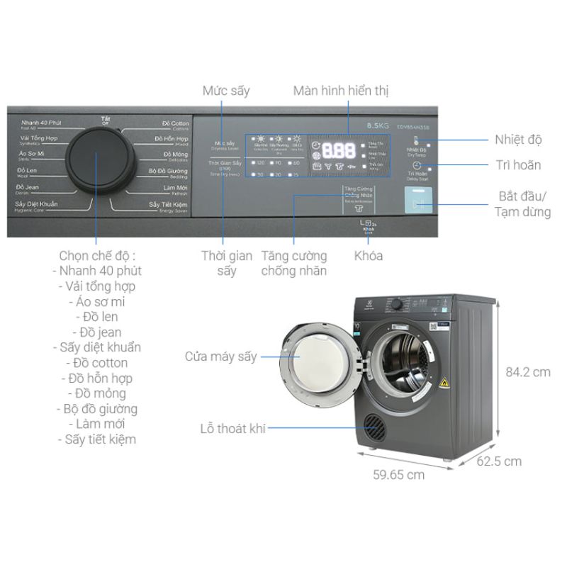 Kích thước máy sấy Electrolux EDV854N3SB Kích thước máy sấy Electrolux EDV854N3SB