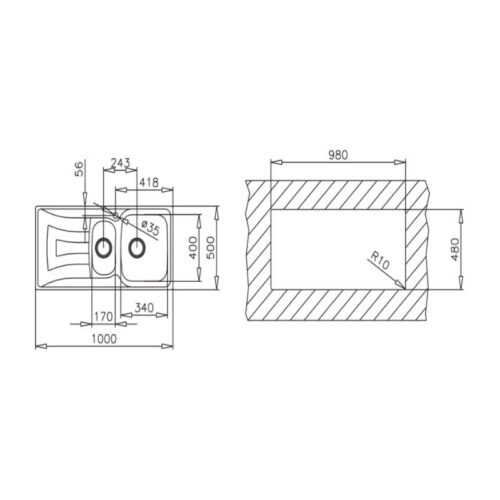 Chậu rửa Teka UNIVERSO 1 1/2B 1D 3 Kích thước chậu rửa chén bát Teka UNIVERSO 1 1/2B 1D