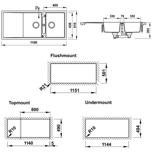 Kích thước chậu rửa bát đá Hafele HS19-GKD2S80 570.33.340