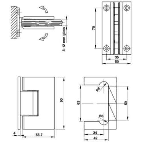 Kích thước của Bản lề tường - kính 90 độ màu đen Hafele 981.77.901