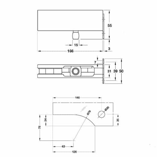 Kích thước của Kẹp kính trên khung gắn tường màu đen Hafele 981.00.667