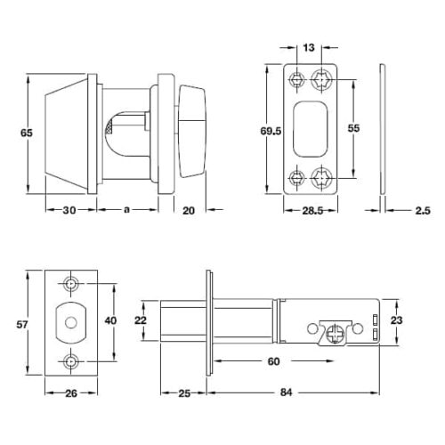 Kích thước của Khoá cóc 1 đầu chìa 1 đầu vặn Hafele – loại lớn 911.64.274