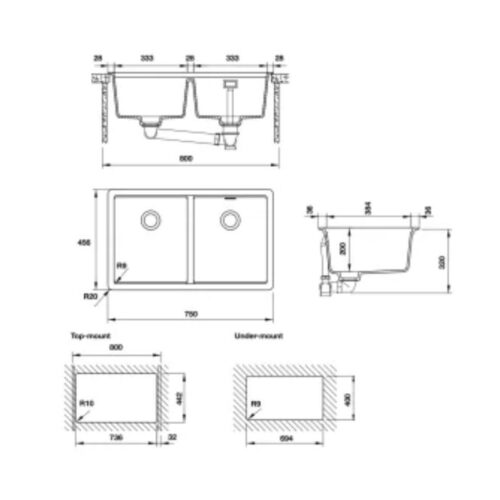 Kích thước chậu rửa đá HS20-GEN2S80 Hafele 570.30.810