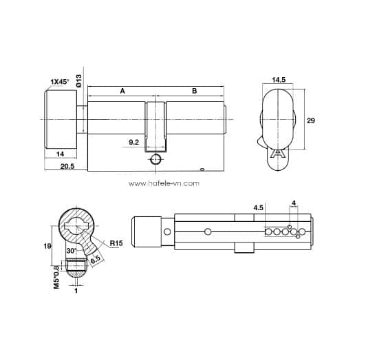 Kích thước của Ruột khóa 1 đầu chìa 1 đầu vặn 65mm Hafele 489.56.005 Kích thước của Ruột khóa 1 đầu chìa 1 đầu vặn 65mm Hafele 489.56.005