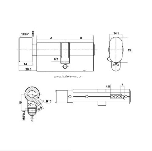 Ruột khóa 1 đầu chìa 1 đầu vặn 71mm Hafele 489.56.004 3 Kích thước của Ruột khóa 1 đầu chìa 1 đầu vặn 71mm Hafele 489.56.004