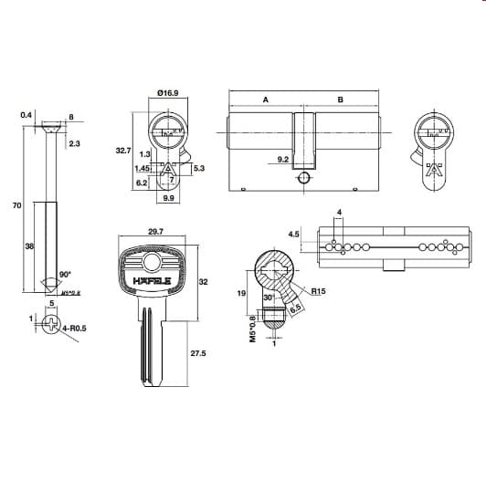 Kích thước của Ruột khóa 2 đầu chìa 65mm Hafele 489.56.002 Kích thước của Ruột khóa 2 đầu chìa 65mm Hafele 489.56.002