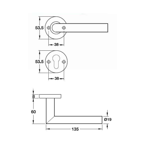 Kích thước của Tay nắm gạt cửa phòng Hafele 903.92.556 Kích thước của Tay nắm gạt cửa phòng Hafele 903.92.556