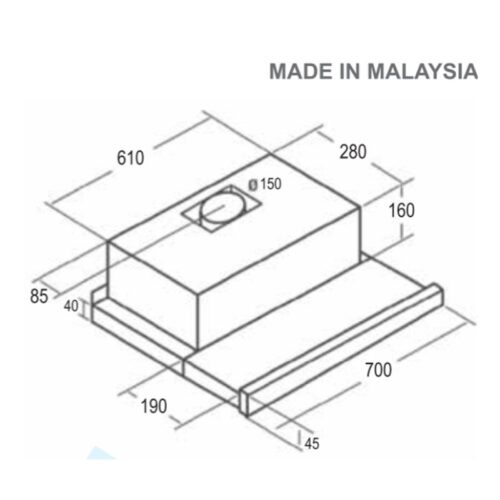 Máy hút mùi âm tủ tuần hoàn Pramie ALH-700 6 Kích thước máy hút mùi âm tủ tuần hoàn Pramie ALH-700