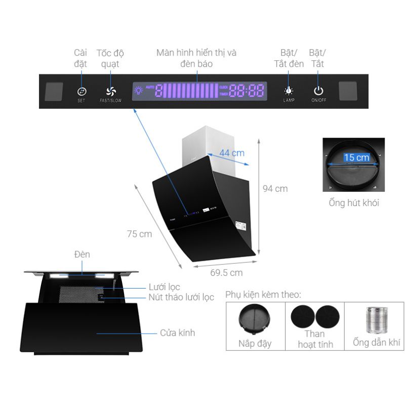 Cấu tạo máy hút mùi áp tường tuần hoàn Pramie DE19-700 Air Cấu tạo máy hút mùi áp tường tuần hoàn Pramie DE19-700 Air