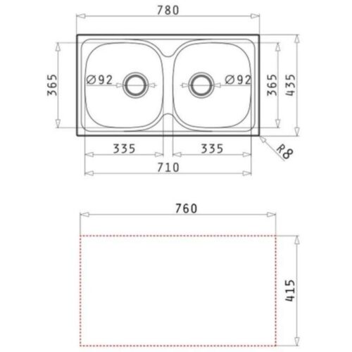 Kích thước chậu rửa bát Elica Basic E78 2B STAIN 100138801