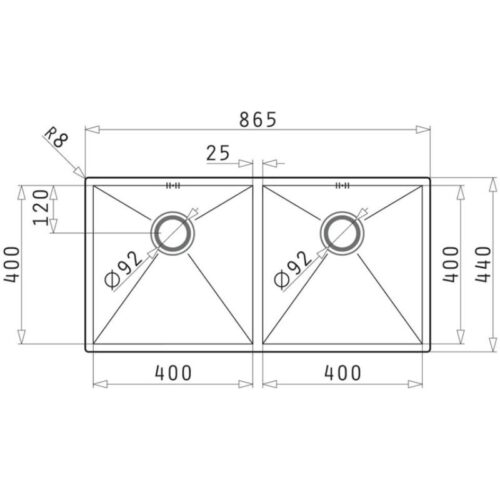 Kích thước chậu rửa bát inox 2 hố Elica Tetragon 2B 100092001