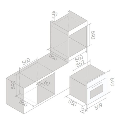 Kích thước lò nướng âm tủ 65L ELICA VIRTUS MULTI 60 DD PRF0191771