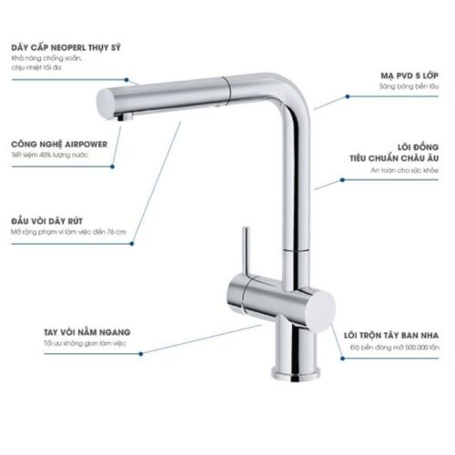 Vòi rửa bát nóng lạnh Konox KN1337 có dây rút 3 Thiết kế vòi rửa bát nóng lạnh Konox KN1337 có dây rút