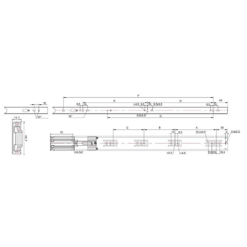 Kích thước ray bi 3 tầng giảm chấn Eurogold SD550 Kích thước ray bi 3 tầng giảm chấn Eurogold SD550