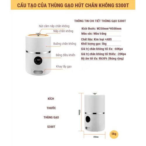 Kích thước hình ảnh thùng gạo thông minh chân không Eurogold S300T