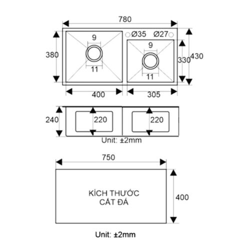 Chậu rửa bát inox 2 hố Binova CBI-7843 4 kich thuoc chau rua bat inox 2 ho binova cbi 7843 1