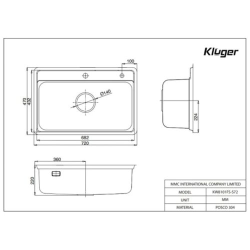 Kích thước chậu rửa phụ inox Kluger KSWB-403FB