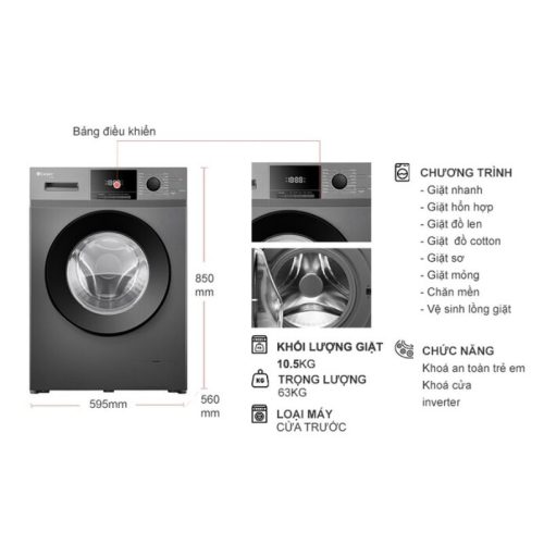 kich thuoc may giat casper inverter 10 5 kg wf 105vg5 cua truoc