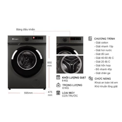 kich thuoc may giat casper inverter 9 kg wf 9vg1 cua truoc