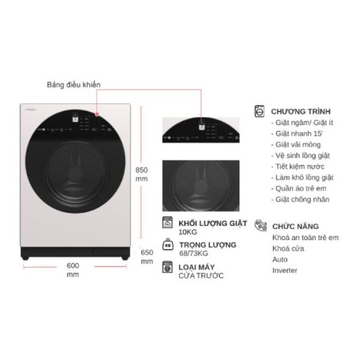 kich thuoc may giat hitachi inverter 10 kg bd 100gv wh cua truoc