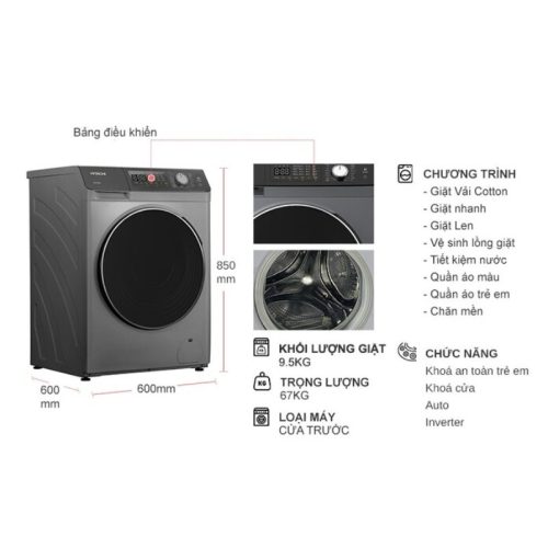 kich thuoc may giat hitachi inverter 9 5 kg bd 954hvos cua truoc