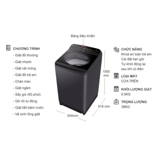 kich thuoc may giat panasonic inverter 9 5 kg na fd95v1brv cua tren