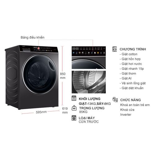 kich thuoc may giat say aqua inverter giat 13 kg say 8 kg aqd dh1300h ps