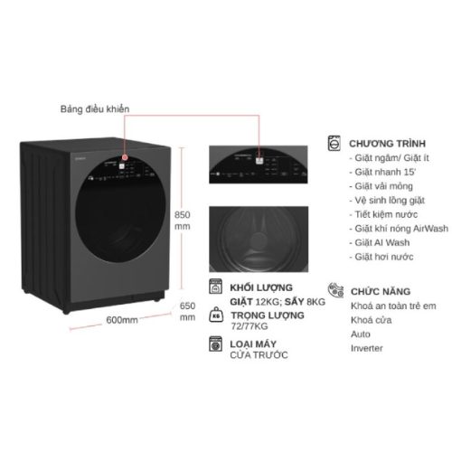 kich thuoc may giat say hitachi inverter giat 12 kg say 8 kg bd d120xgv mag