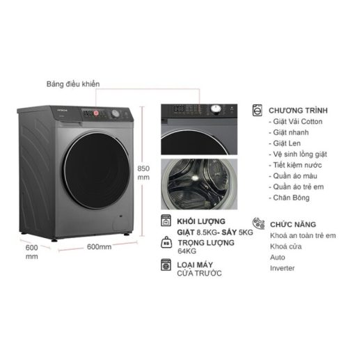 kich thuoc may giat say hitachi inverter giat 8 5 kg say 5 kg bd d852hvos cua truoc