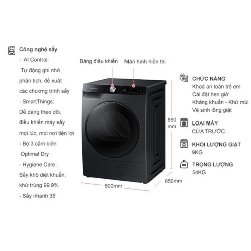 kich thuoc may say bom nhiet samsung ai inverter 9 kg dv90t7240bb sv