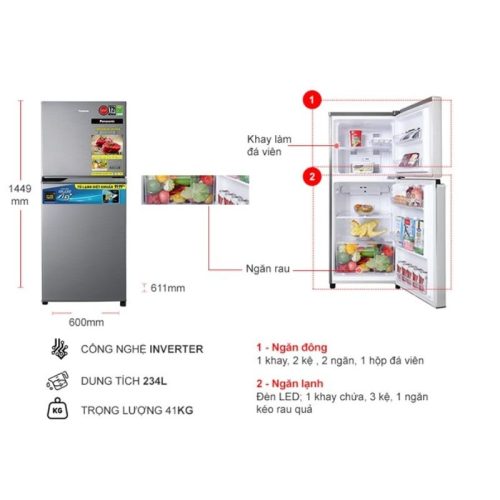 kich thuoc tu lanh 2 canh inverter 234 lit panasonic nr tv261apsv