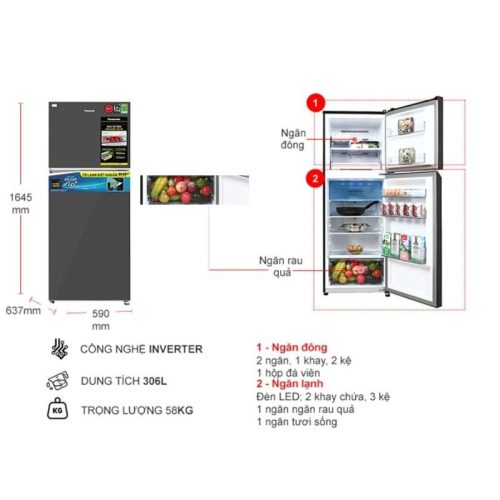 kich thuoc tu lanh 2 canh inverter 306 lit panasonic nr tv341vgmv