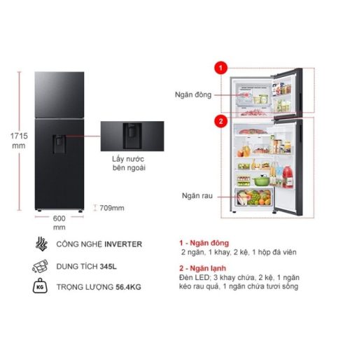 kich thuoc tu lanh 2 canh inverter 345 lit samsung rt35cg5544b1sv