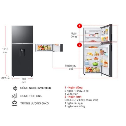 kich thuoc tu lanh 2 canh inverter 382 lit samsung rt38cg6584b1sv