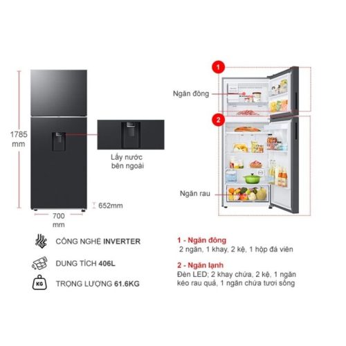 kich thuoc tu lanh 2 canh inverter 406 lit samsung rt42cg6584b1sv