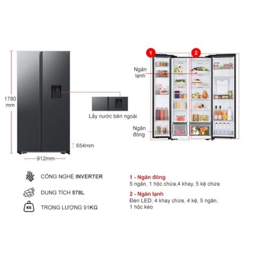 kich thuoc tu lanh 2 canh side by side inverter 578 lit samsung rs57dg410eb4sv