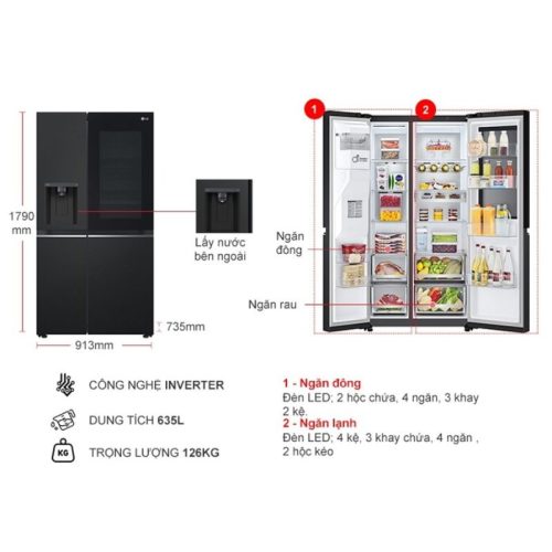 kich thuoc tu lanh 2 canh side by side inverter 635 lit lg gr g257bl