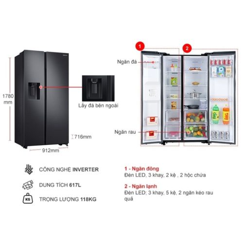 kich thuoc tu lanh 2 canh side by side inverter 635 lit samsung rs64r5301b4