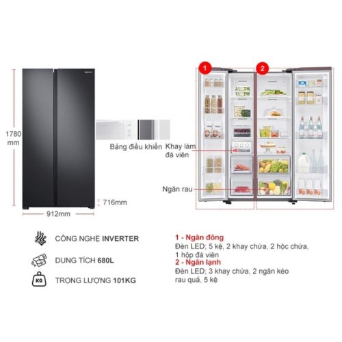 kich thuoc tu lanh 2 canh side by side inverter 680 lit samsung rs62r5001b4 sv