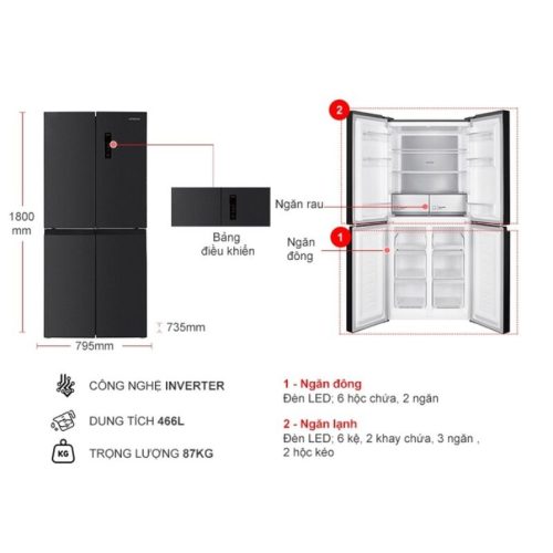 kich thuoc tu lanh 4 canh multi door inverter 466 lit hitachi hr4n7522dsdxvn